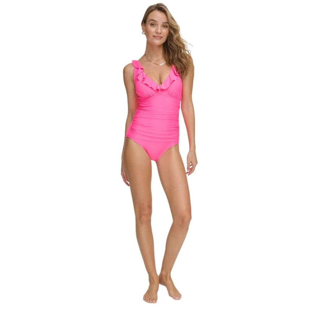 DKNY Women's Ruffle Plunge Underwire Tummy Control One-Piece Swimsuit Sz12 15896